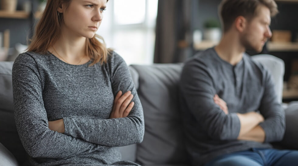 sad young man and woman sitting on sofa with crossed arms ignoring each other after a fight or misunderstanding at home close ups