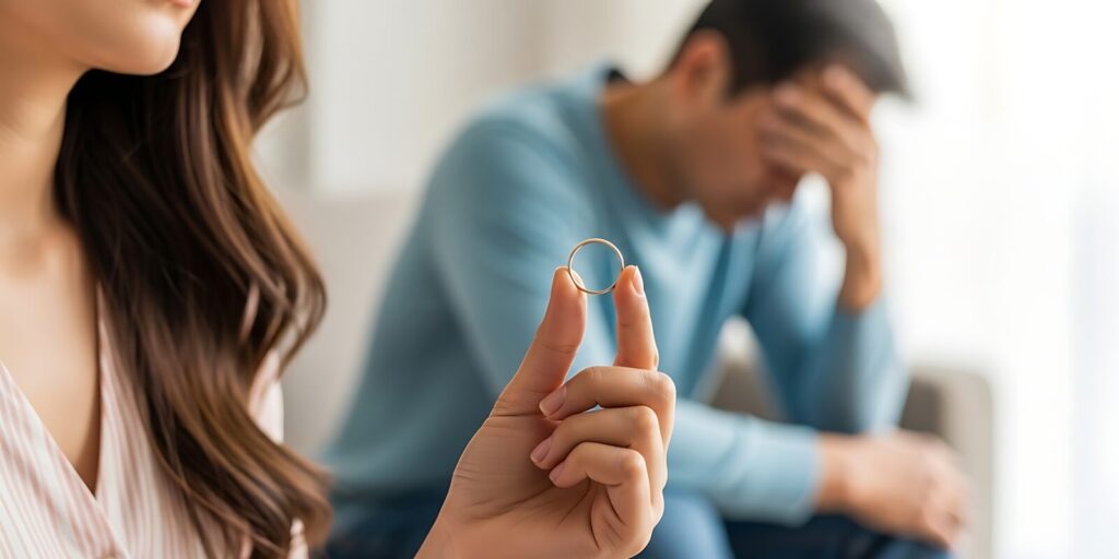 woman holding wedding ring in hand, while unhappy man sits on sofa