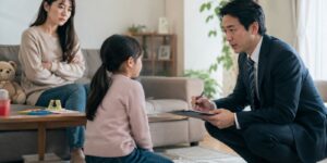 child custody evaluation interview with family counselor and separated parents
