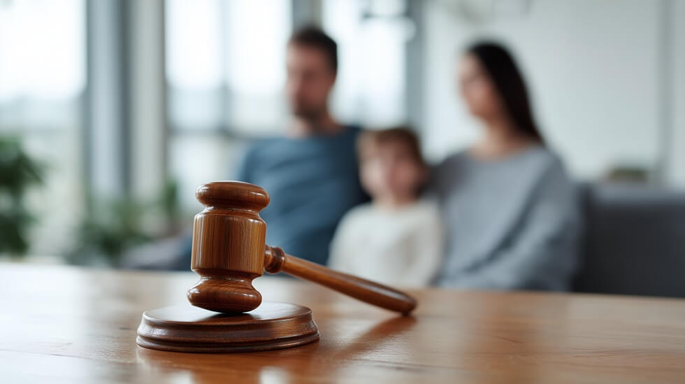 judge gavel in foreground with family in background