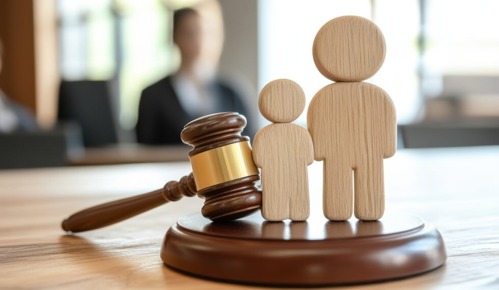 wooden family figures and gavel on a judge's table during a courthouse hearing about joint custody and divorce proceedings