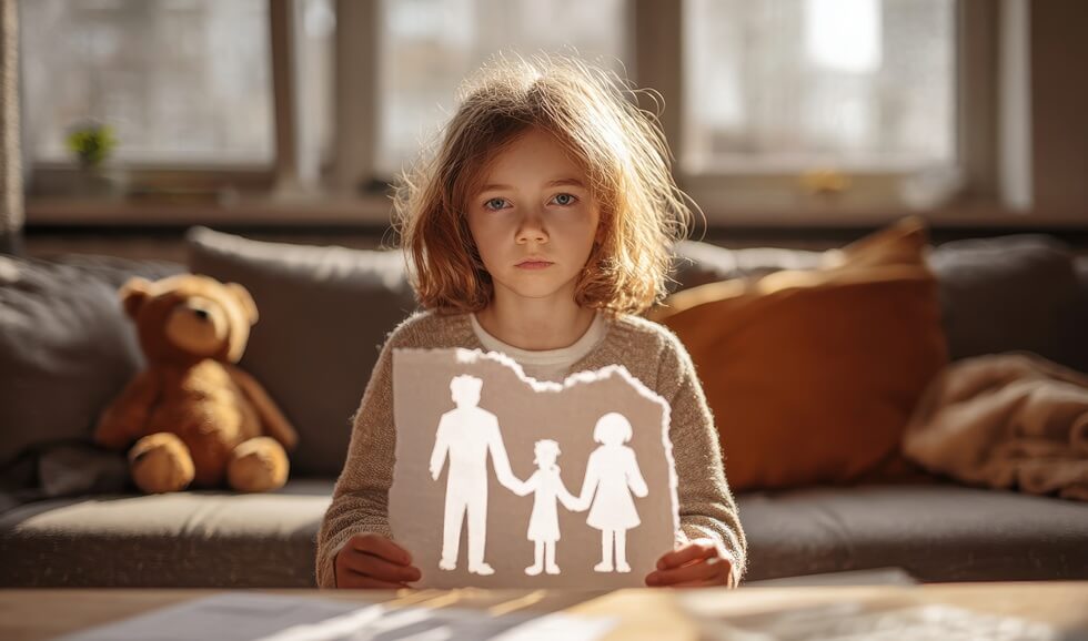 young girl with a paper family cutout, symbolizing divorce and custody in a quiet home scene