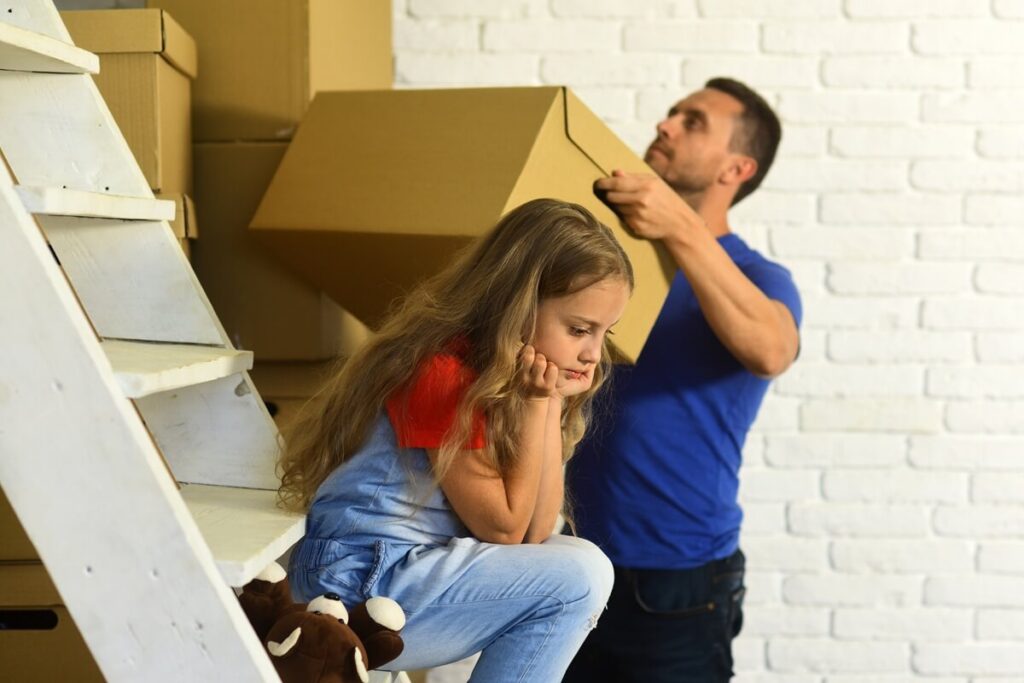 girl with sad face and busy man on background